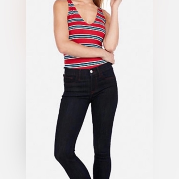 EXPRESS RED STRIPED DOUBLE V-NECK FITTED TANK TOP - Picture 2 of 6
